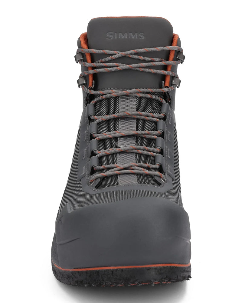 Load image into Gallery viewer, Felt flyweight boot, dark gray upper with orange webbing loops and lace panel
