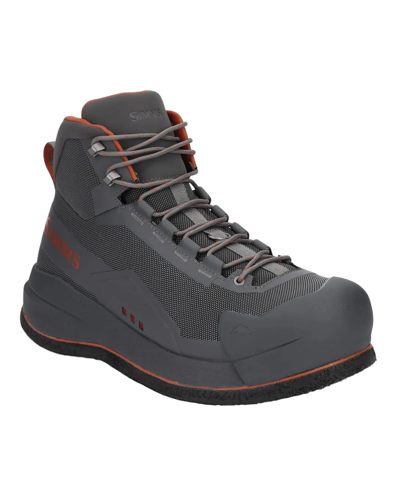 Load image into Gallery viewer, Felt flyweight boot in dark gray with orange lacing trim and rugged rubber sole
