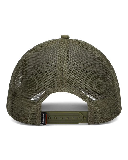 Loden olive Simms trucker hat with back mesh panel and adjustable strap