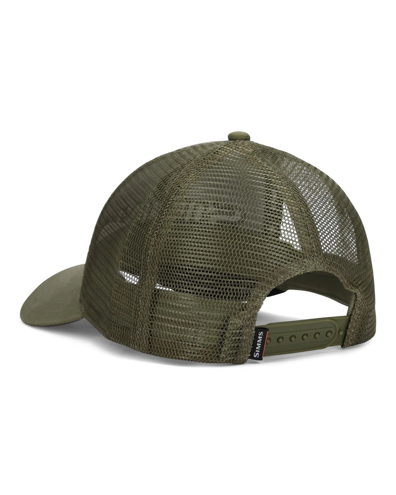 Load image into Gallery viewer, Loden olive Simms trucker hat with breathable mesh back and open snap back
