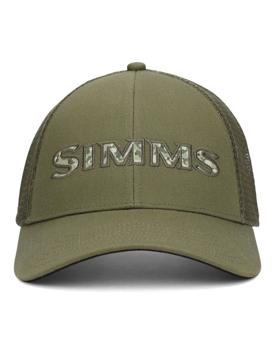 Loden olive Simms trucker hat with front logo patch and curved brim