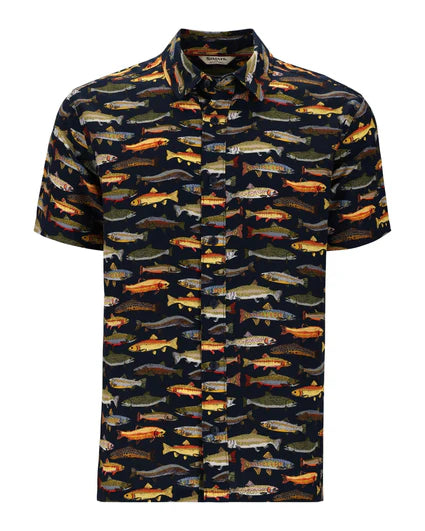 Men's short-sleeve fishing shirt with dark navy fish print and button-up collar