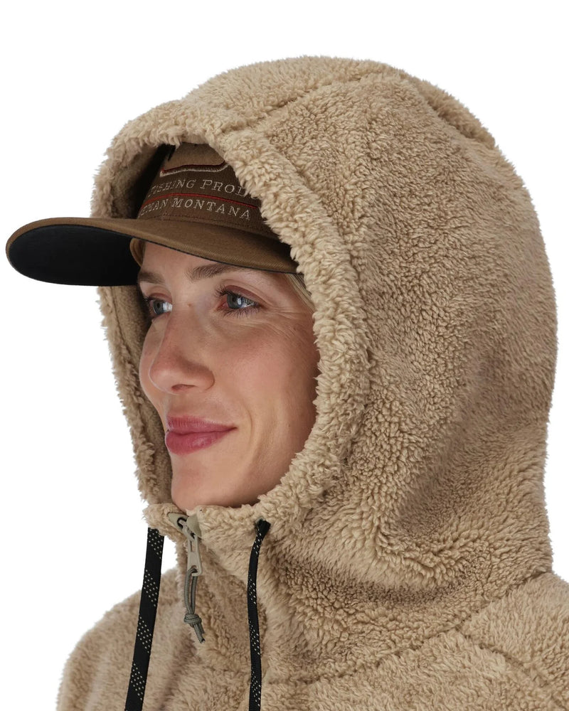 Load image into Gallery viewer, Fleece hoodie hood with drawstring ties in a close-up view
