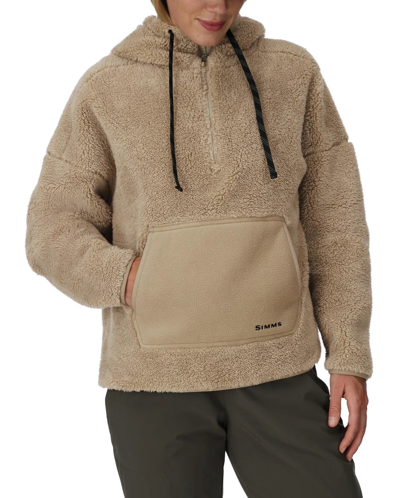 Load image into Gallery viewer, Women’s fleece hoodie close-up with hood drawstrings and front kangaroo pocket
