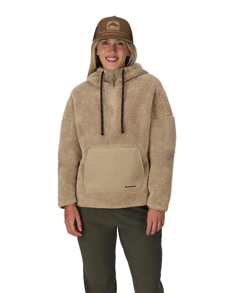 Load image into Gallery viewer, Women’s fleece hoodie worn on model, with hood, drawstrings, and front pocket
