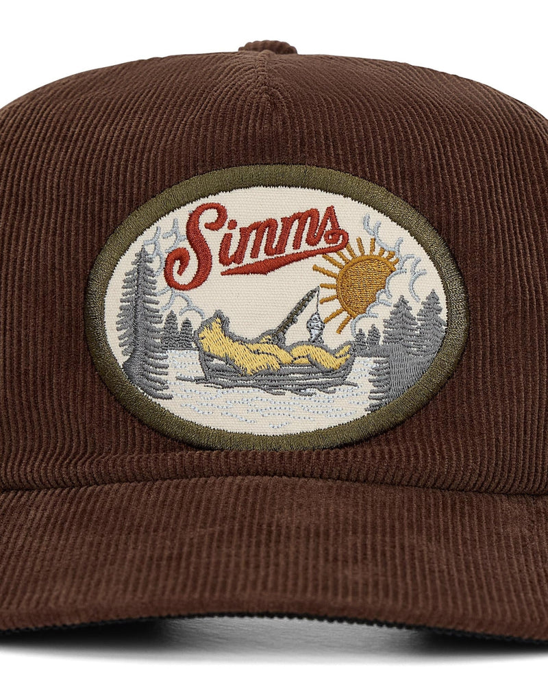 Load image into Gallery viewer, Brown corduroy cap with circular Simms logo patch on front
