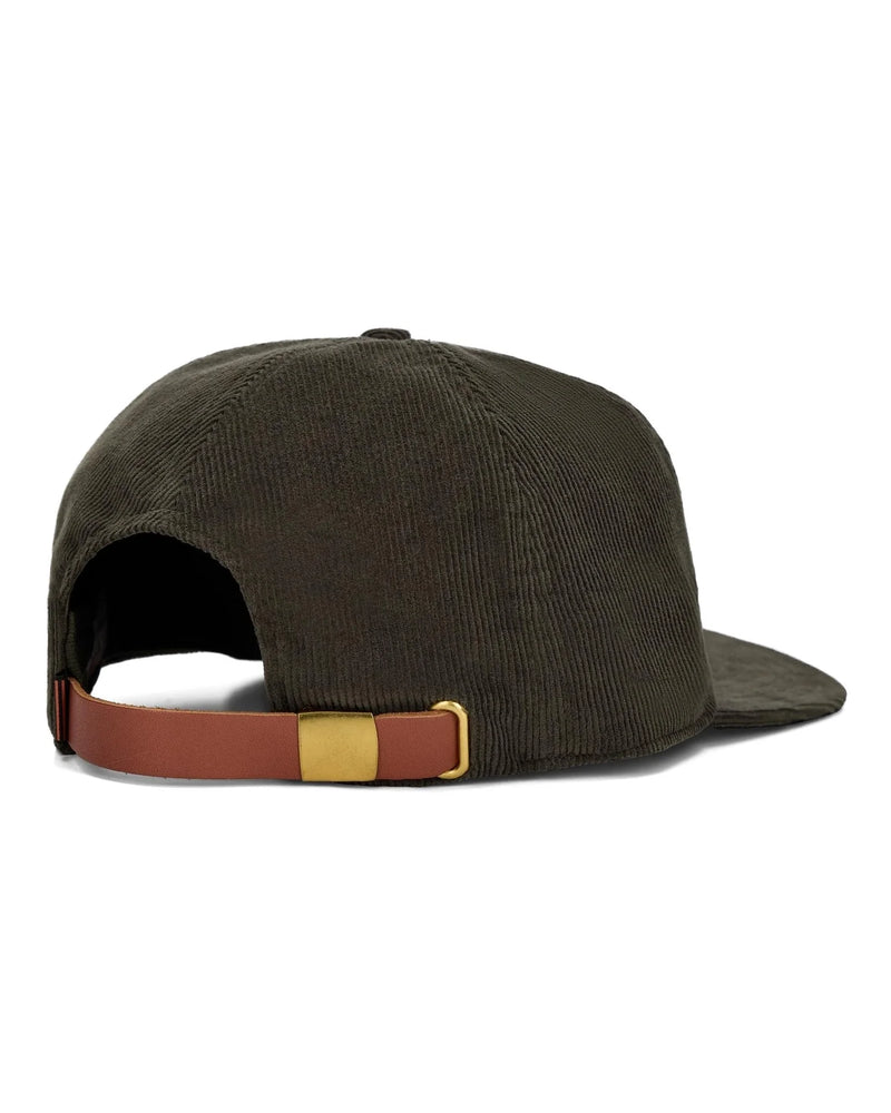 Load image into Gallery viewer, Olive corduroy cap interior view with leather strap adjuster
