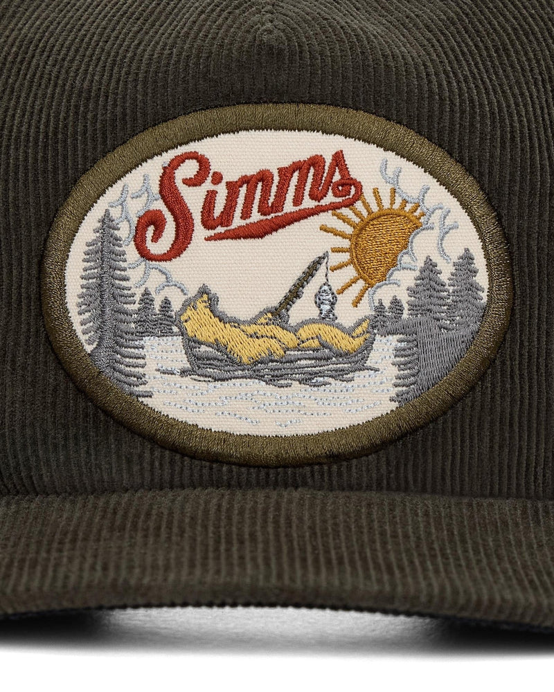 Load image into Gallery viewer, Olive corduroy cap front panel with Simms logo patch
