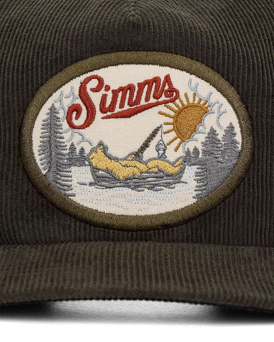 Olive corduroy cap front panel with Simms logo patch