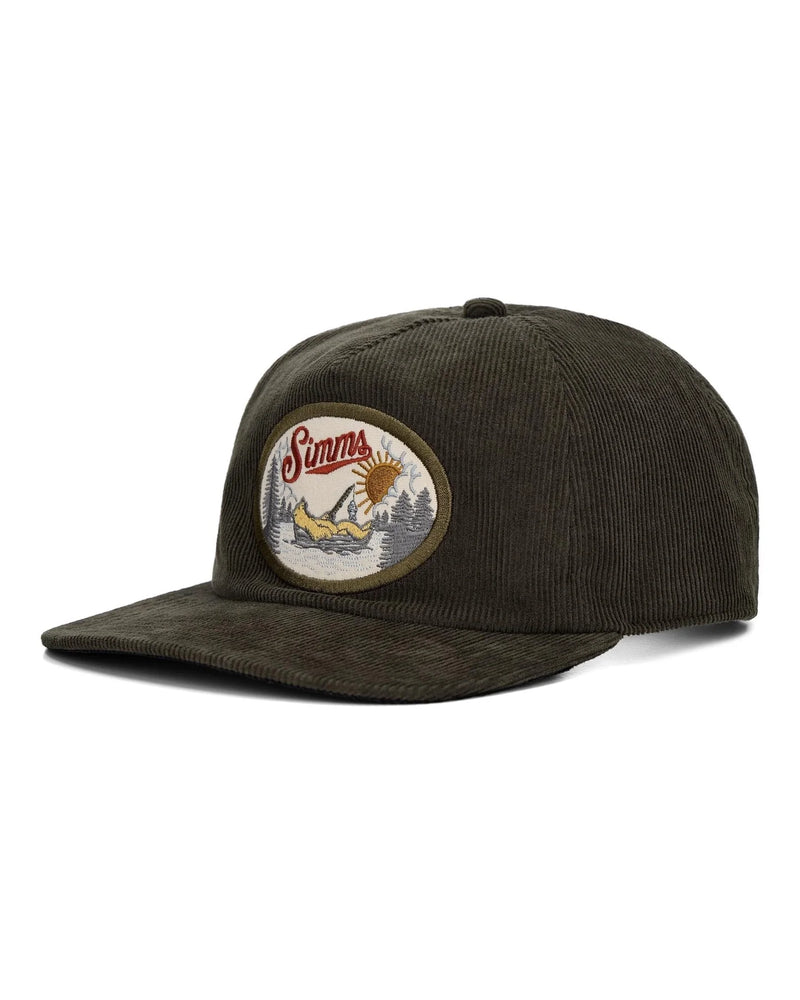 Load image into Gallery viewer, Olive corduroy cap with circular Simms patch on front
