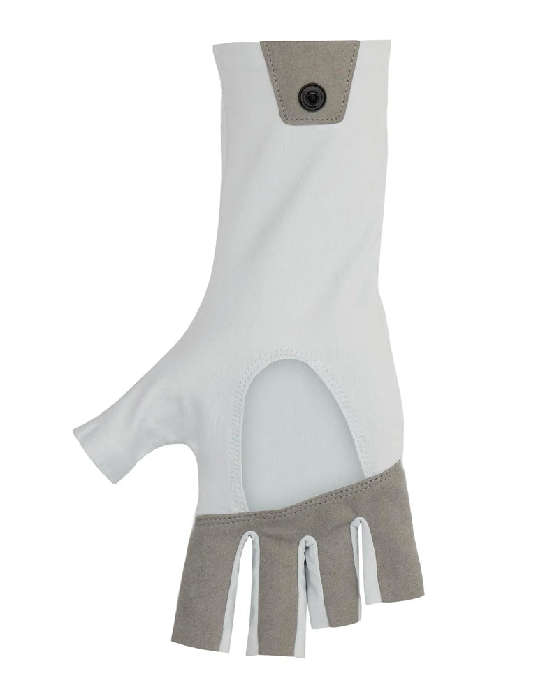 Load image into Gallery viewer, Simms Solarflex sunglove detail: white fabric with grey cuff, snap tab and palm cover
