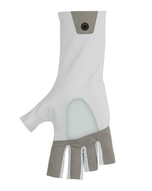 Simms Solarflex sunglove detail: white fabric with grey cuff, snap tab and palm cover