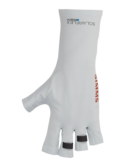 Simms Solarflex sunglove in light grey, red logo side, black grip pads