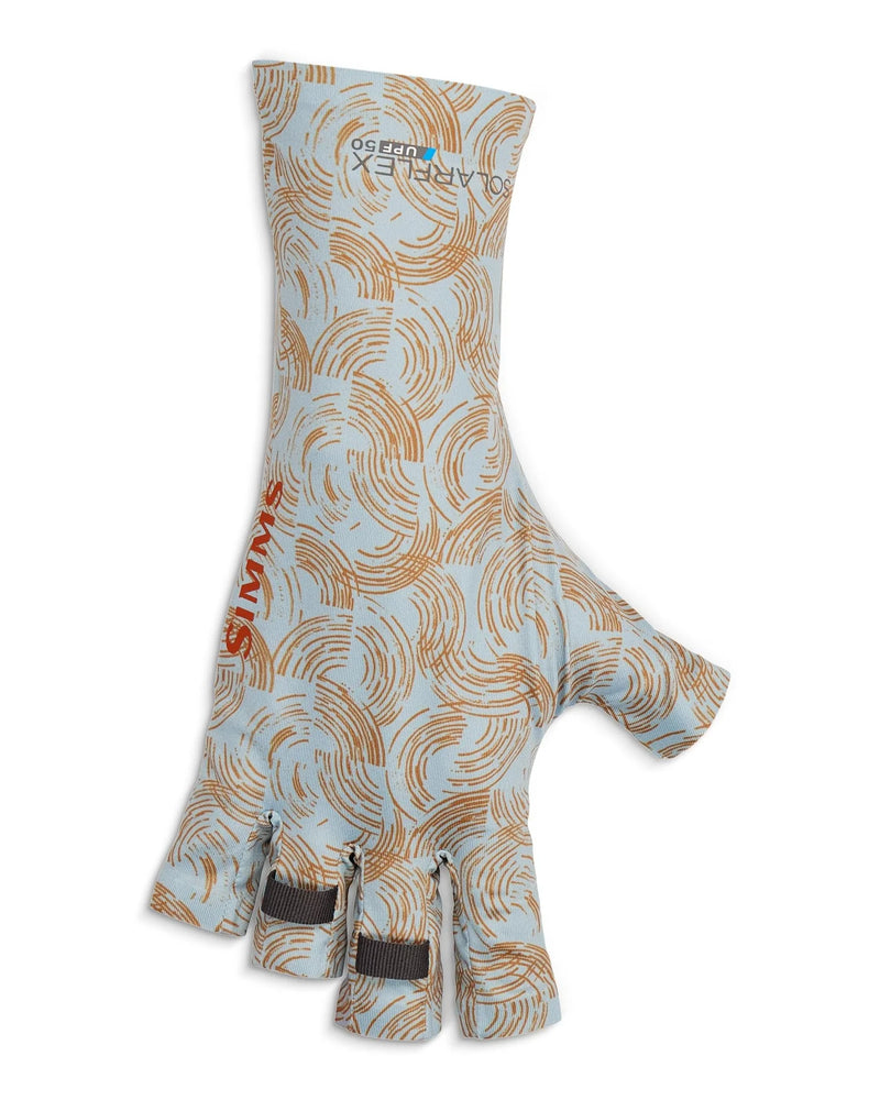 Load image into Gallery viewer, Simms Solarflex sunglove with blue-and-brown swirl print, fingerless black grip pads
