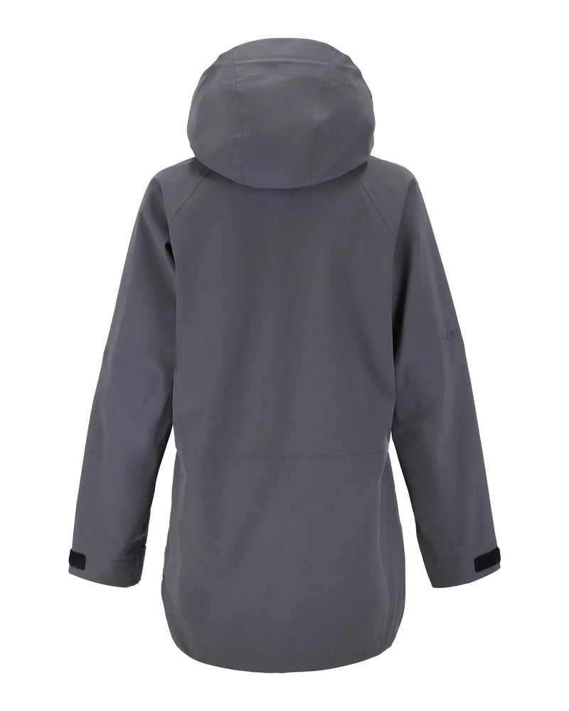 Load image into Gallery viewer, Women's gray hooded rain jacket back view with long sleeves and hem cinch
