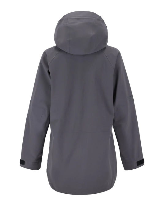 Women's gray hooded rain jacket back view with long sleeves and hem cinch