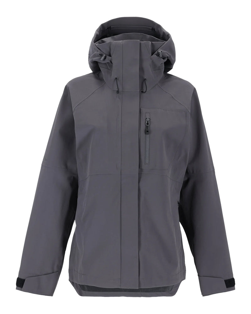 Load image into Gallery viewer, Women's gray hooded rain jacket with front zipper and drawstring hem, side pockets
