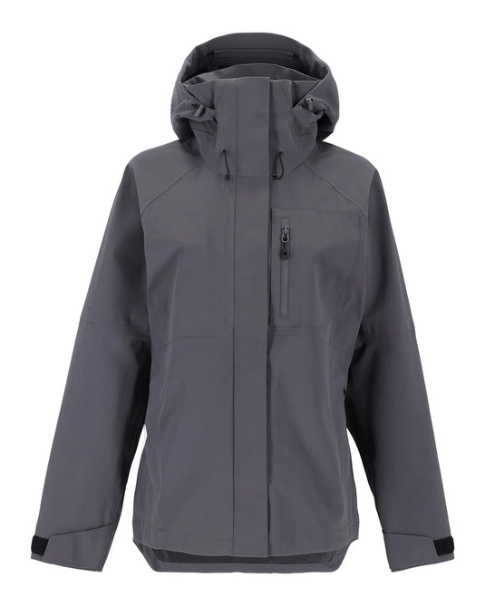 Women's gray hooded rain jacket with front zipper and drawstring hem, side pockets