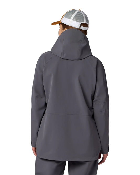 Women's gray hooded jacket back view with full-zip front and adjustable hem