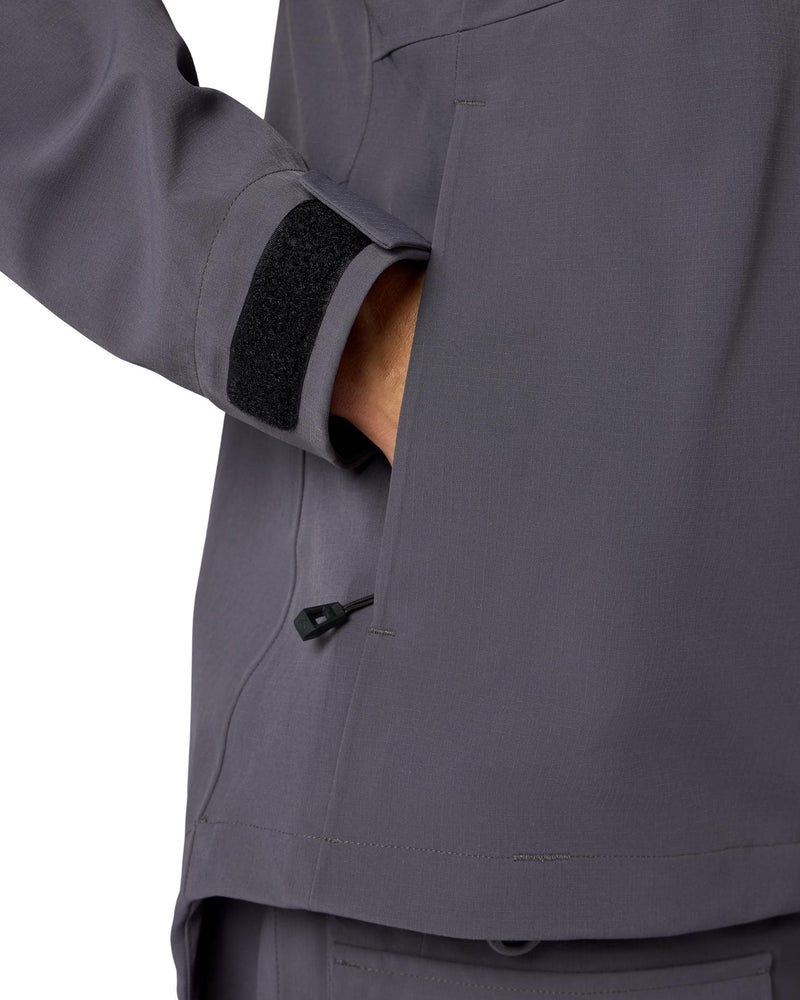Load image into Gallery viewer, Women's gray jacket sleeve cuff and front pocket opening with drawcord
