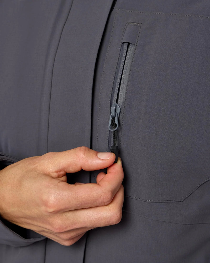 Load image into Gallery viewer, Women's gray jacket front zipper with pull tab in close-up
