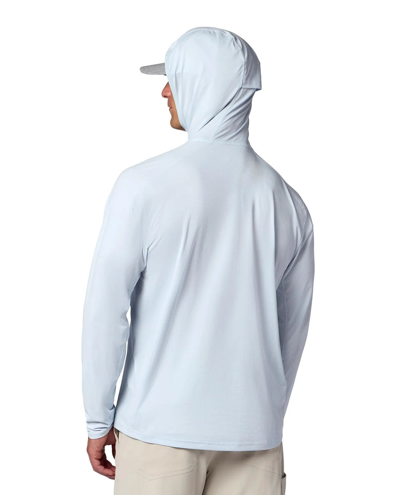 Load image into Gallery viewer, Light blue men's pullover hoody, back view with hood
