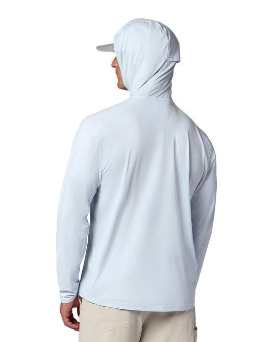 Light blue men's pullover hoody, back view with hood