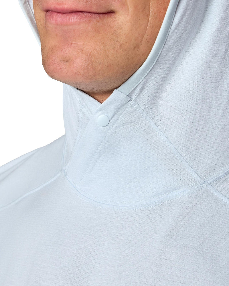 Load image into Gallery viewer, Light blue men's hoody neckline with crossover hood seam
