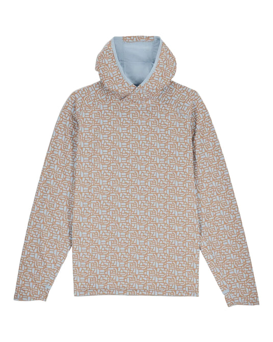 Tan patterned men's pullover hoody with hood and front opening