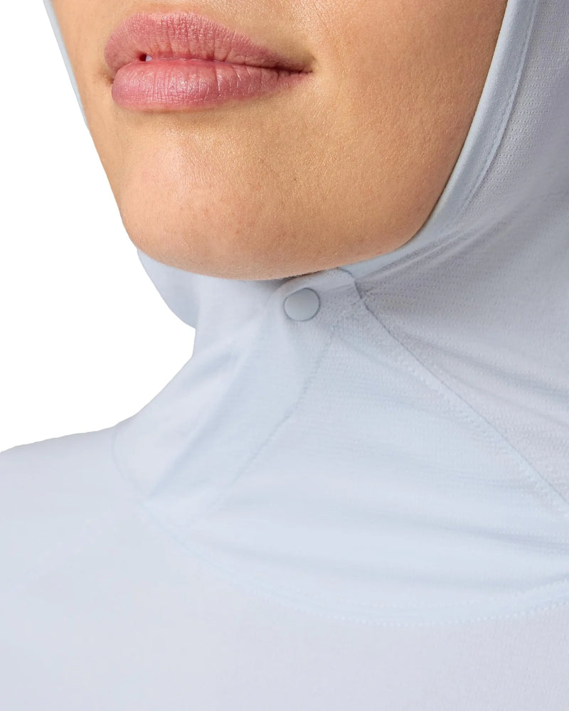 Load image into Gallery viewer, Solarflex hoody close-up of hood and neckline seam, light blue fabric
