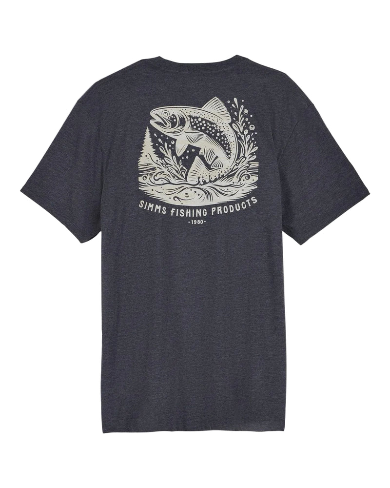 Load image into Gallery viewer, Dark charcoal crew-neck T-shirt with central fish graphic and logo print

