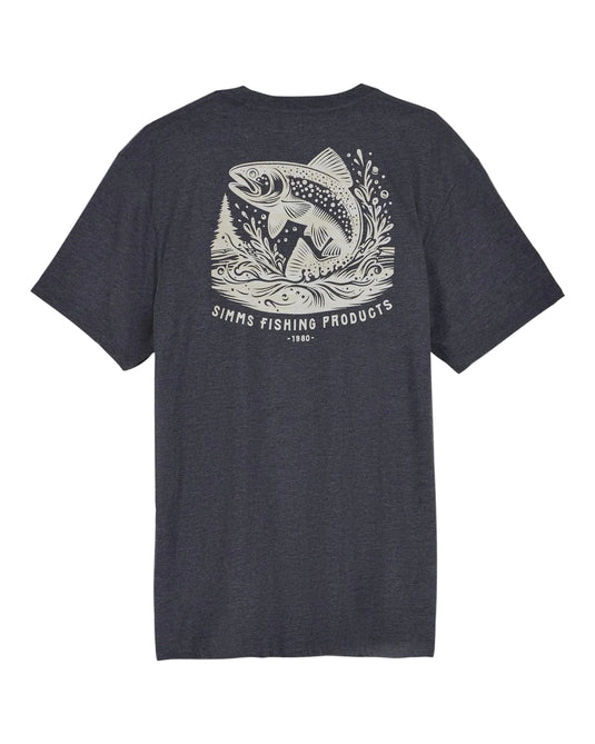 Dark charcoal crew-neck T-shirt with central fish graphic and logo print