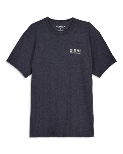 Dark charcoal crew-neck T-shirt with small chest SIMMS Fishing Products logo