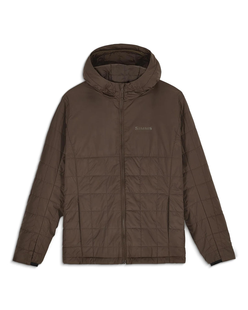Load image into Gallery viewer, Men's hickory brown hooded puffer run jacket with front zipper and Simms chest logo

