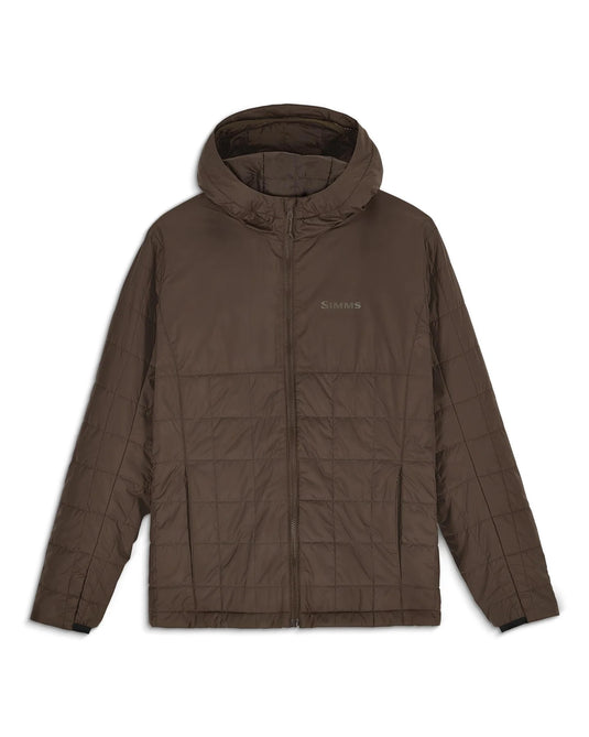 Men's hickory brown hooded puffer run jacket with front zipper and Simms chest logo