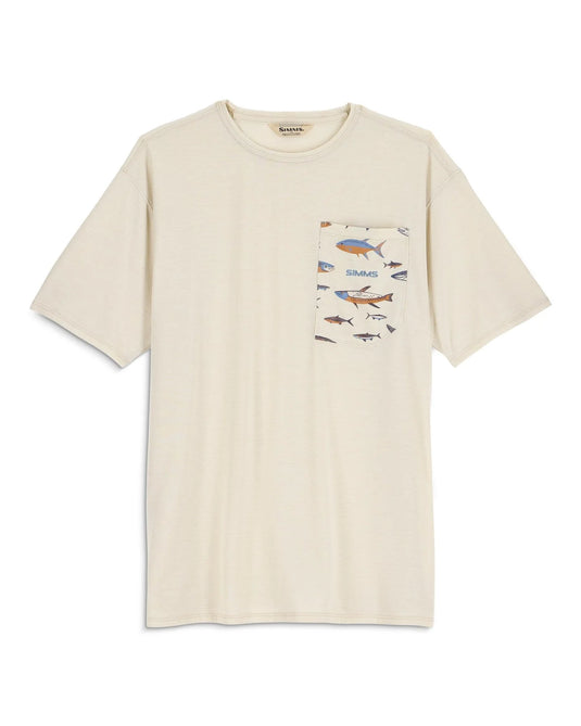 Men's lightweight crew-neck T-shirt with chest pocket, tan, fly graphic