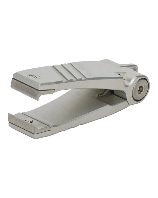 Nipper tool with silver metal body and black accents, side view