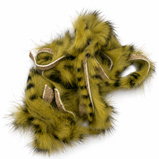 Rabbit fur strip, yellow-green with dark tiger bars and tan loops
