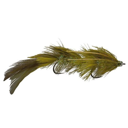 Articulated feather fishing fly with olive-green body and dark wing, single hook