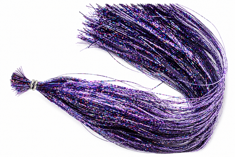 Load image into Gallery viewer, Purple holographic tinsel braid with metallic strands and tie
