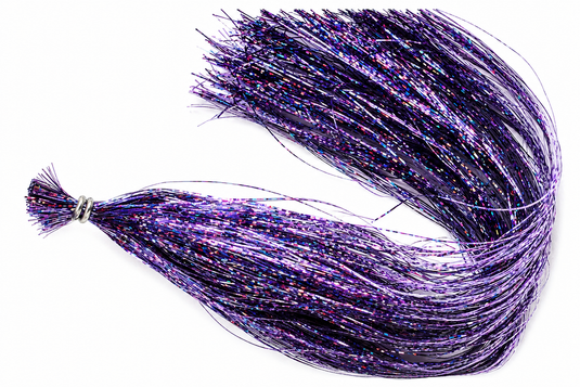 Purple holographic tinsel braid with metallic strands and tie