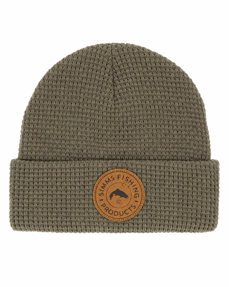 Load image into Gallery viewer, Taupe waffle-knit beanie with fold cuff and round Simms Fishing Products patch
