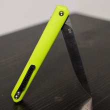 Load image into Gallery viewer, Folding blade knife with bright lime handle and partially open dark blade
