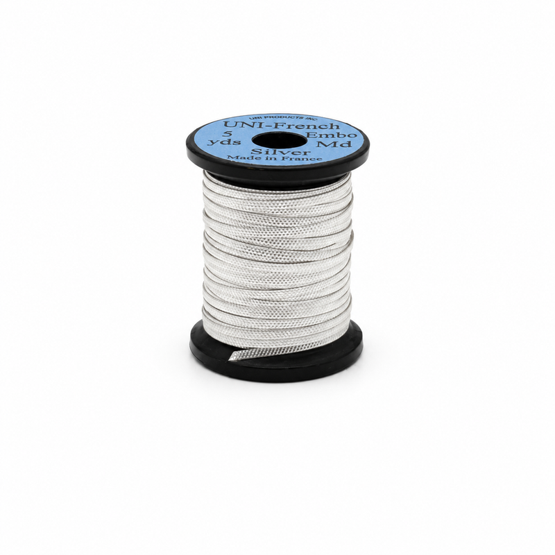 Load image into Gallery viewer, Embossed metallic thread spool in silver with blue label and black base

