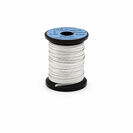 Embossed metallic thread spool in silver with blue label and black base