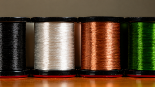 Row of thread spools in black, white, tan and green
