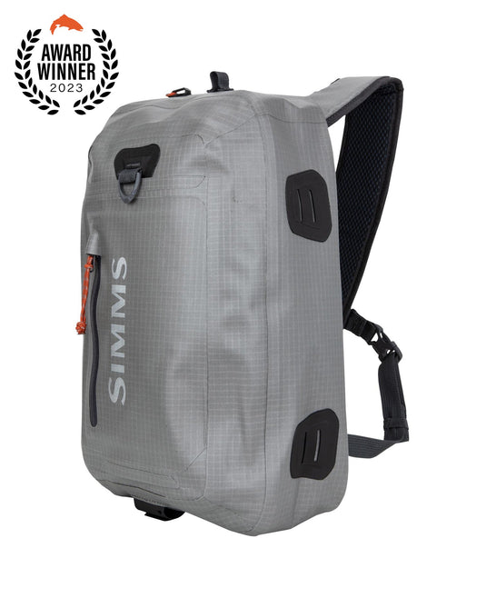 Olive-gray sling backpack with shoulder strap and front organizer pocket