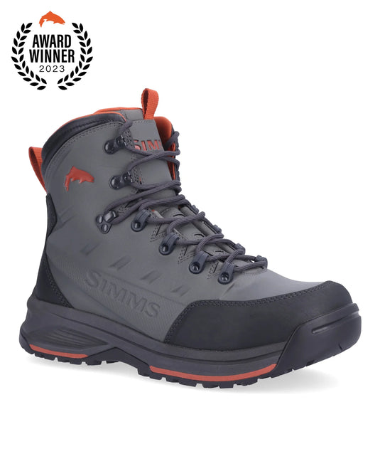 Simms Freestone boot with rubber sole, gray upper, orange accents, lace-up.