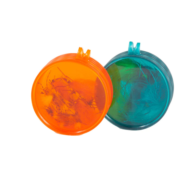 Load image into Gallery viewer, Fishpond Fly Puck orange and teal lids open, revealing fly storage
