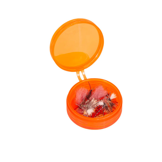 Fishpond Fly Puck orange case with lid open, holding assorted fishing flies